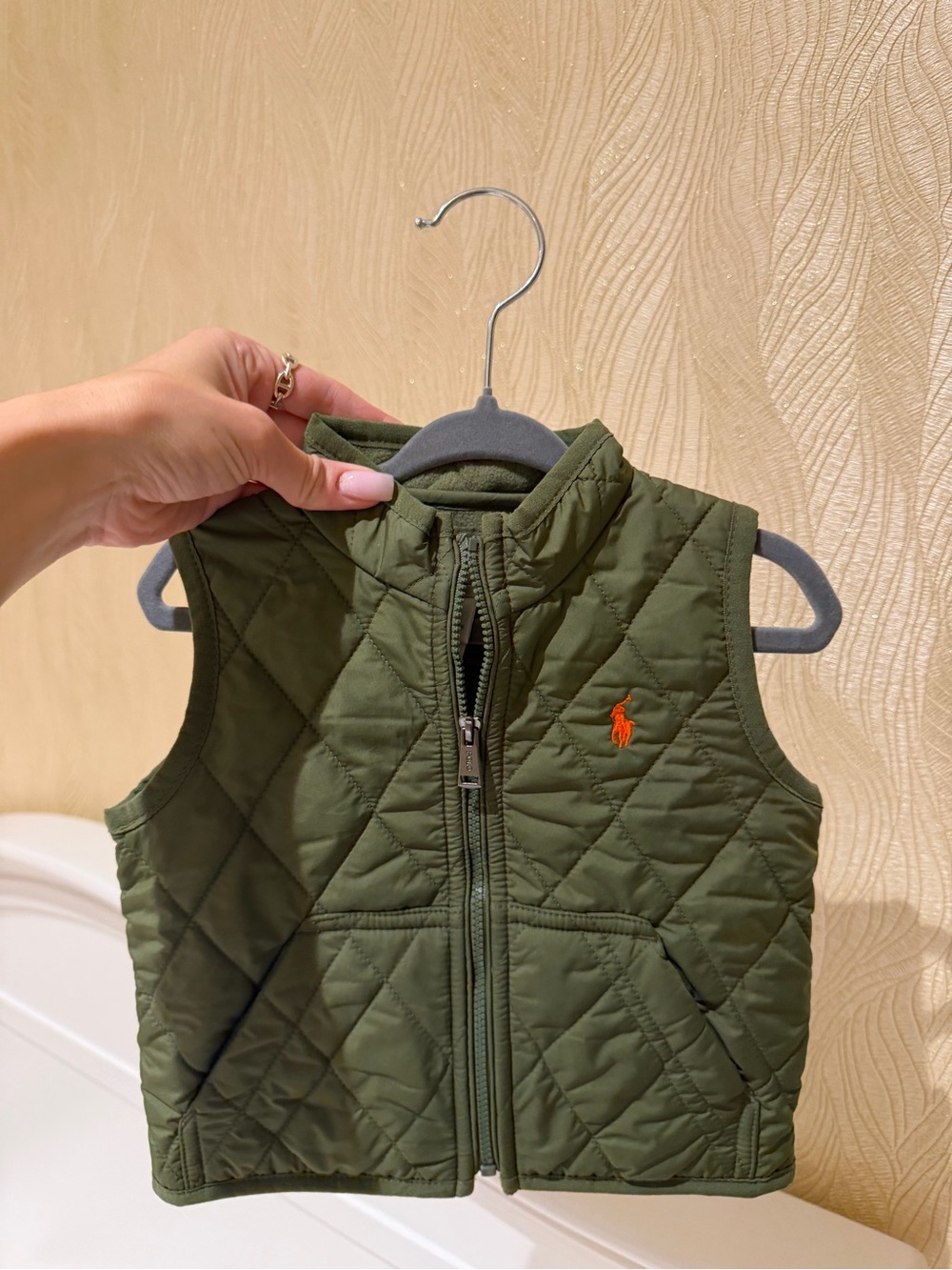 Ralph Lauren Kids Olive Green Quilted Vest with Orange Pony Logo